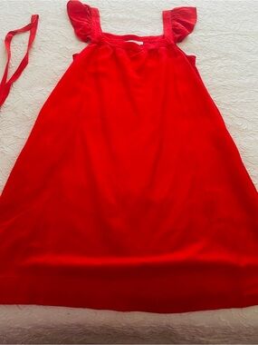 LOFT Women’s Red Linen Blend Midi Dress Size S Ruffle Sleeve Tie Waist